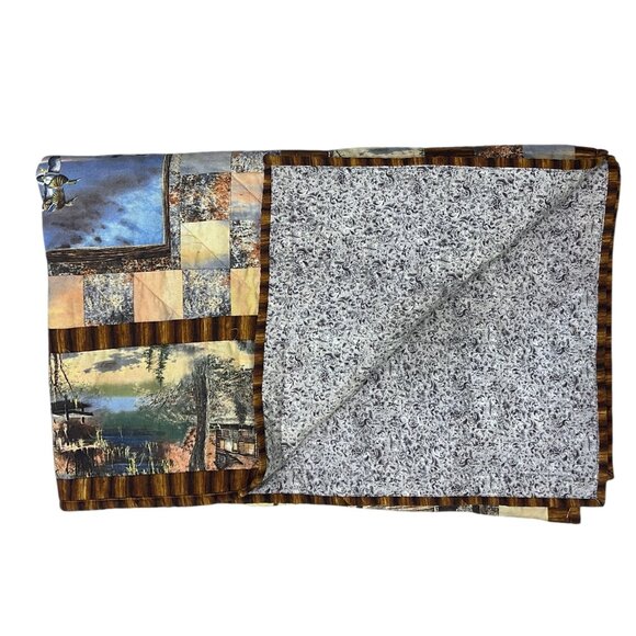 Handmade Quilt‎ Throw 41x56 Vintage Ranch Cabin Scenery Ducks Brown Rust Gray - Picture 6 of 6
